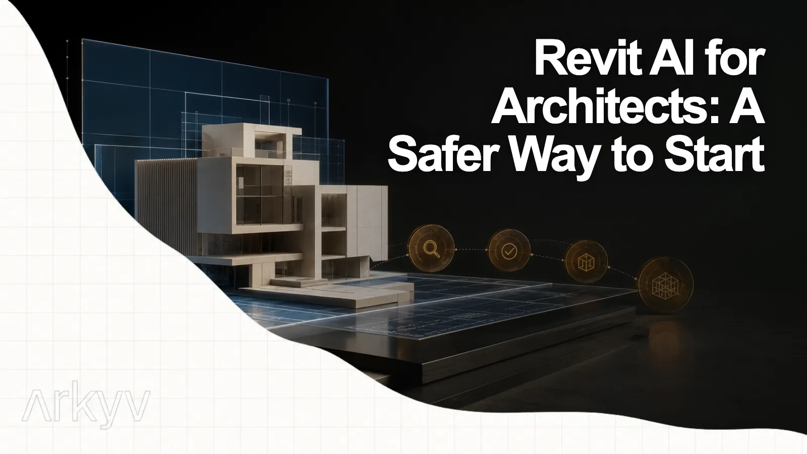 A layered architectural model and transparent drawing lines representing AI-assisted Revit work.