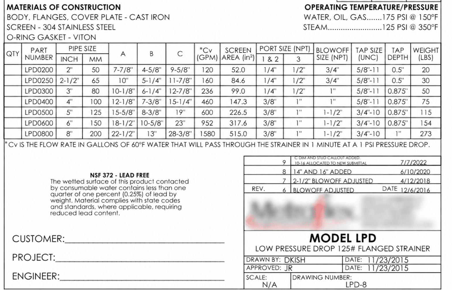 Strainer dimensions with manufacturer details blurred