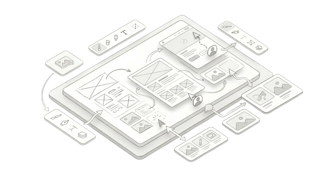Isometric illustration of shared design canvas and collaborative modeling